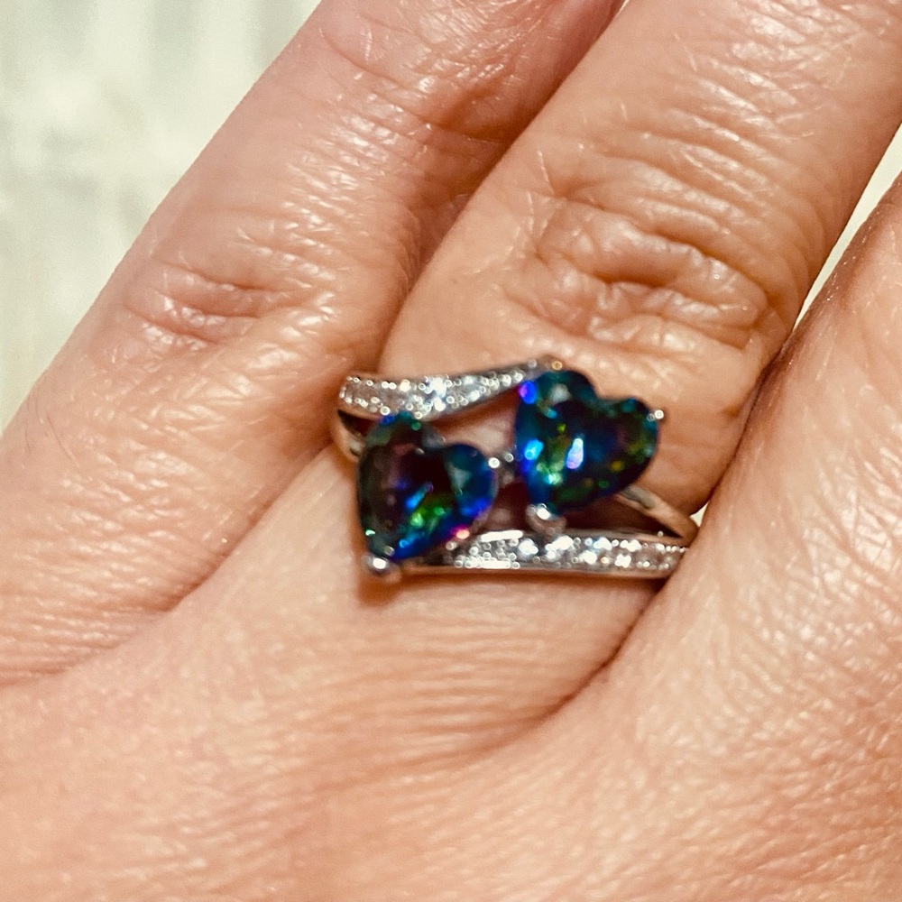 Silver Twin Hearts-Rainbow Ring